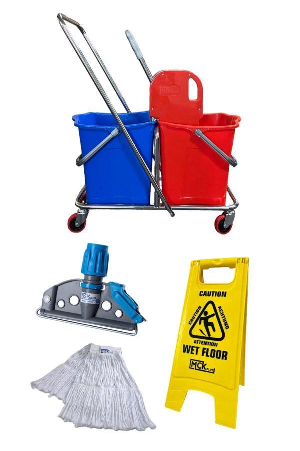 Mck Plus Çift Kovalı Krom Temizlik Arabası Paspas Arabası Islak Mop Setli Kaygan Zemin Levhalı Set - Image 1