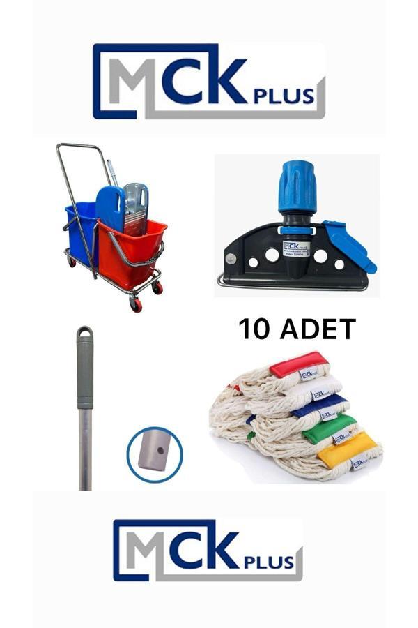 Mck Plus Çift Kovalı Temizlik Arabası Krom Gövdeli Çelik Presli Paspas Arabası Seti Islak Mop Seti. - Image 1