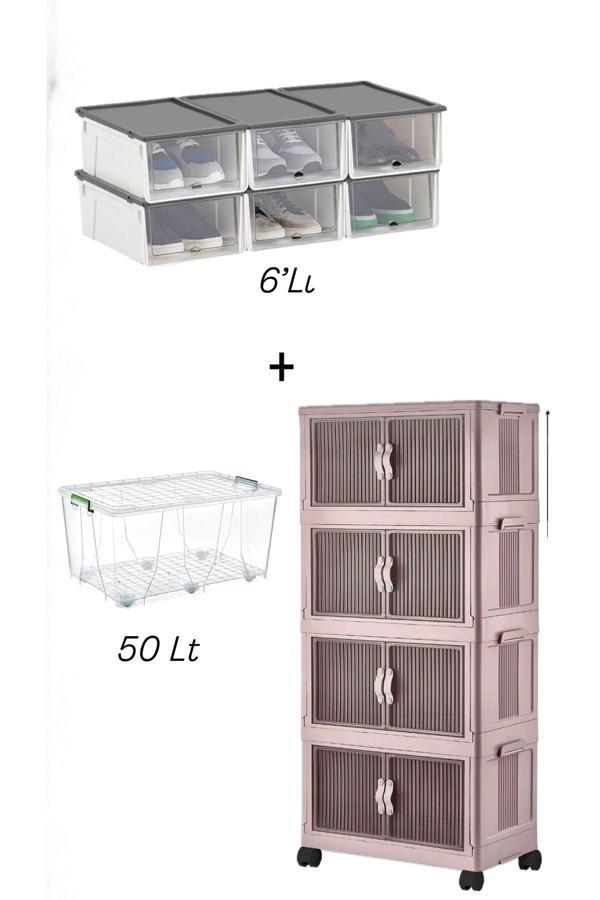 Umbex plus 4 Katlı Portatif Katlanabilir Dolap Depolama Dolabı Pembe 50 Lt Saklama Ve 6'Lı Ayakkabılık Bezli - Image 1