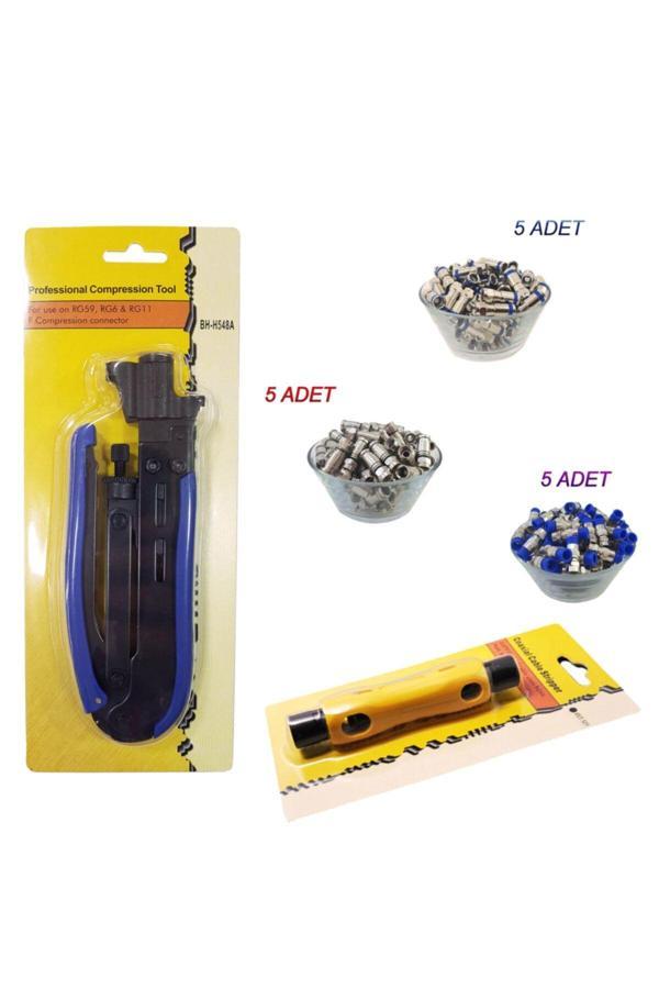 Oem F Konnektör Sıkma Pensesi + Kablo Soyucu + 15 Adet Çeşitli Sıkmalı F Konnektör - Image 1