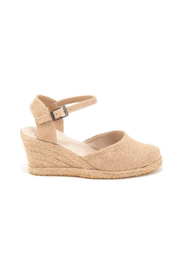 Gerçek Elişi Topuğu Açık Bilekten Bantlı Dolgu Topuk Keten Hasır Espadril Handmade - Image 1