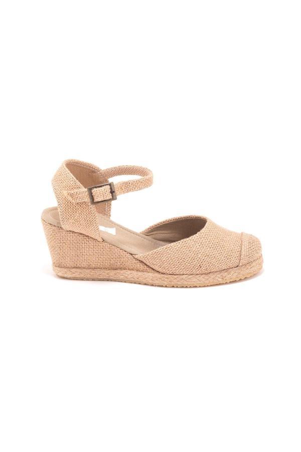 Gerçek Elişi Keten Hasır Espadril Burnu Hasırlı Arkası Açık Dolgu Topuk Handmade - Image 1