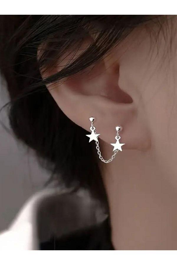 Azuris Silver 925 Ayar Gümüş Tek Kulak Küçük Yıldız Zincirli Küpe - Image 1