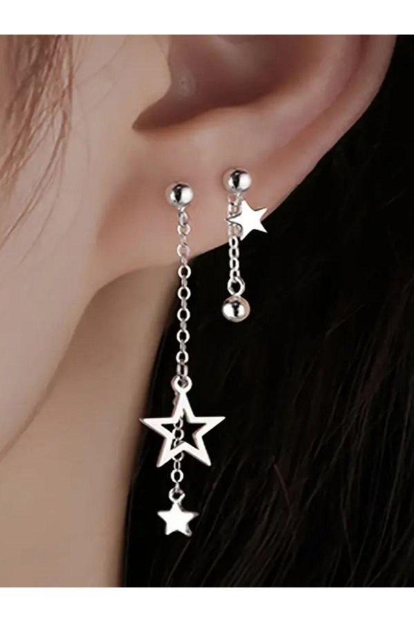Azuris Silver 925 Ayar Gümüş Tek Kulak Sallantılı Yıldız Zincirli Küpe - Image 1