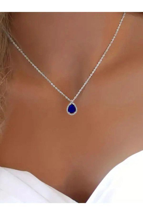 Azuris Silver 925 Ayar Gümüş Elmas Montür Zirkon Safir Taş Damla Kolye - Image 1