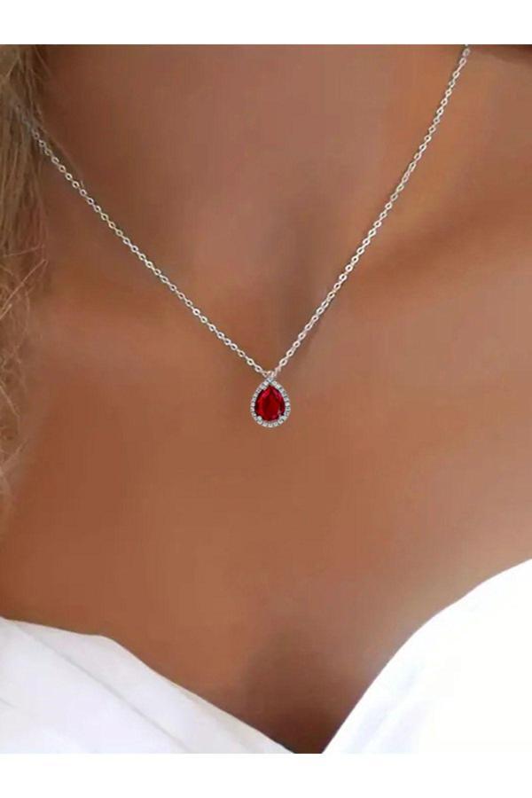 Azuris Silver 925 Ayar Gümüş Elmas Montür Zirkon Ruby Taş Damla Kolye - Image 1