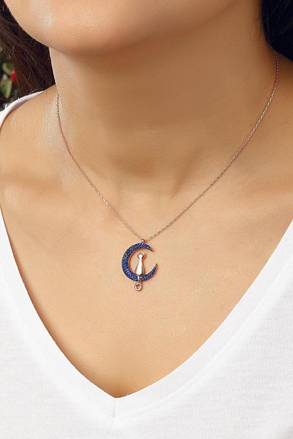 Azuris Silver Azuris 925 Ayar Gümüş Ay Ve Yalnız Kedi Kolye - Image 1