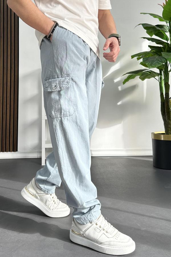 Erkek Baggy Kalıp Kargo Cepli Pantolon Açık Mavi Edw131 - Image 1