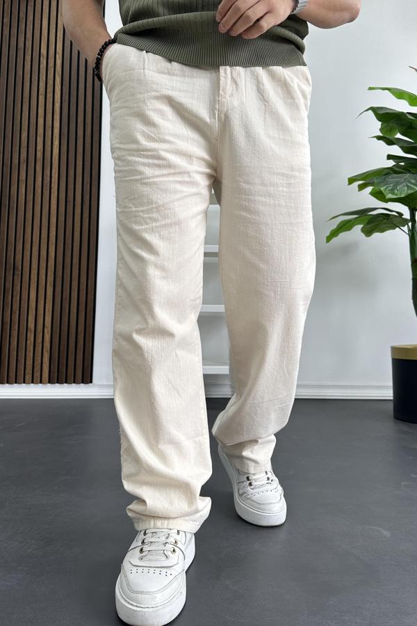 Erkek Rahat Kalıp Keten Pantolon Krem Edw266 - Image 1
