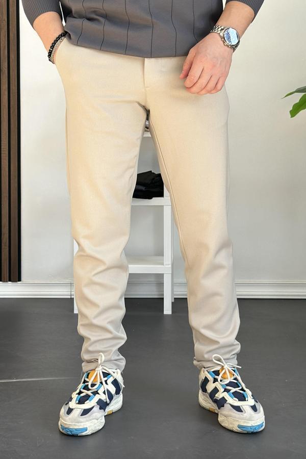 Erkek Beli Düğmeli Dar Paça Jogger Pantolon Bej Edw224 - Image 1