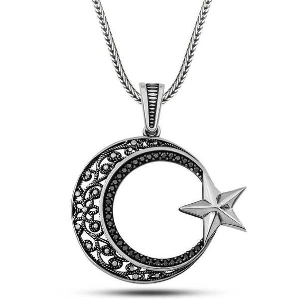 Gümüş Zirkon Taşlı Desenli Ay Yıldız Erkek Kolye - Image 1