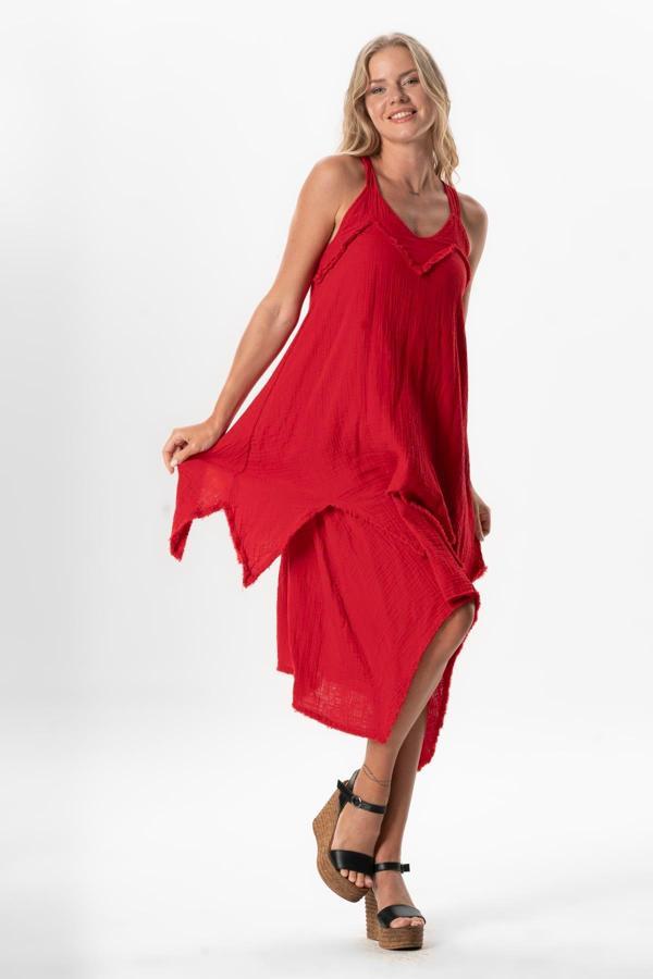 Askılı V Yaka Leyla Asimetrik Kesim Midi Boy Müslin Yazlık Elbise Kırmızı Krmz - Image 1