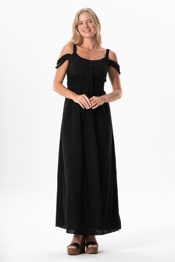 Askılı Kleopatra Kol Detaylı Uzun Müslin Yazlık Elbise Siyah Syh - Image 1