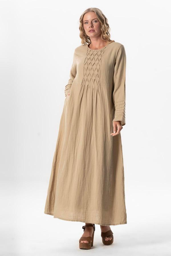 Uzun Kol Şahika Nervür Detaylı Uzun Müslin Yazlık Elbise Vizon Vzn - Image 1