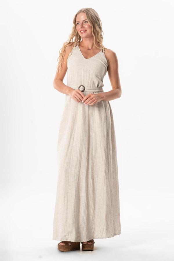 Askılı V Yaka Kumsal Kemerli Keten Yazlık Uzun Elbise Krem Krm - Image 1