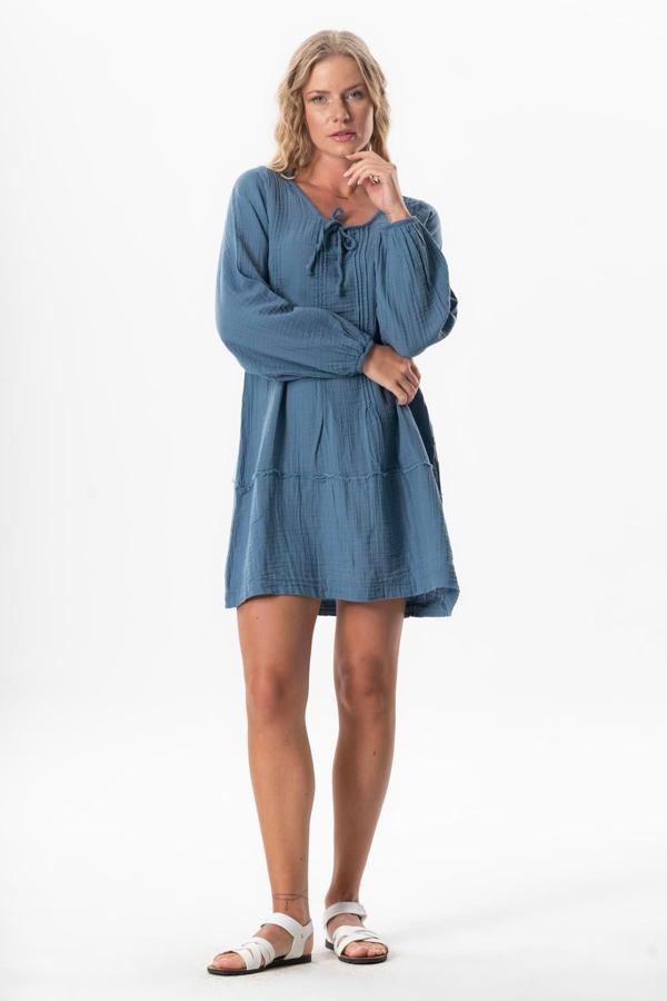 Uzun Kol Göksel Bağlama Detaylı Kısa Müslin Yazlık Elbise İndigo indg - Image 1
