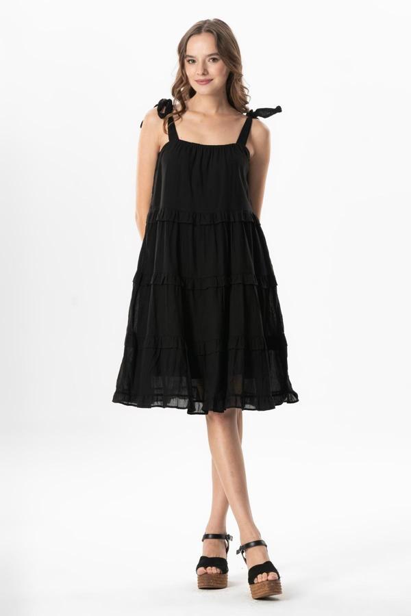 Askılı Vual Dubai Kare Yaka Kısa Yazlık Elbise Siyah Syh - Image 1