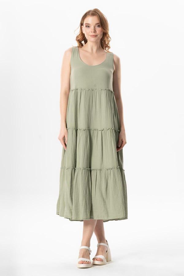 Kolsuz Artemis Oval Yaka Yıldız Baskılı Midi Boy Müslin Yazlık Elbise Zeytin Yeşili Zytnysl - Image 1