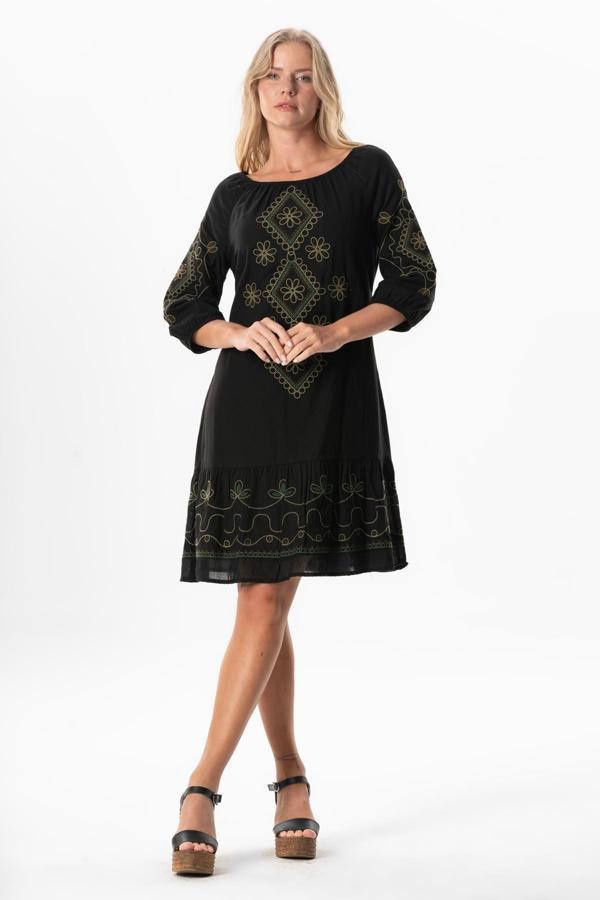 Yarım Kol Vual Yeşim Kemer Detaylı Nakışlı Kısa Yazlık Elbise Siyah Syh - Image 1