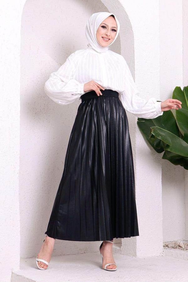 İmaj Butik Siyah Piliseli Deri Görünümlü Etek - Image 1