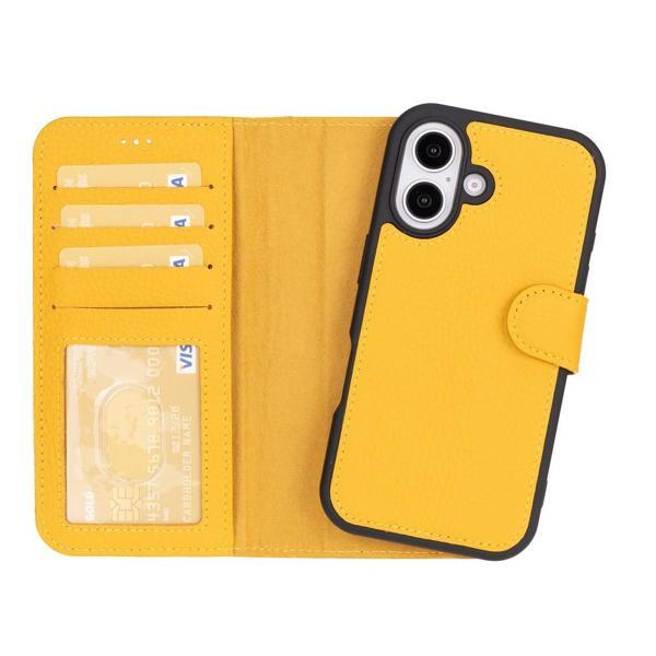 Apple iPhone 16 Plus uyumlu, Hakiki Deri, El Yapımı, Cüzdanlı Kılıf, Limon Sarı - Image 1
