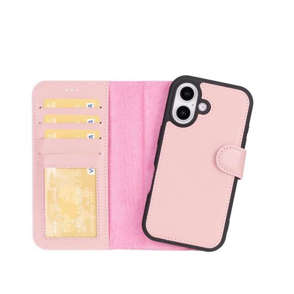 Apple iPhone 16 Plus uyumlu, Hakiki Deri, El Yapımı, Cüzdanlı Kılıf, Toz Pembe - Image 1