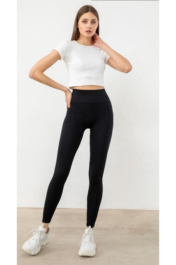 Eyo Kadın Siyah Fitilli Full Likralı Esnek Yüksel Bel Ve Kalın Kemerli Toparlayıcı Etkili Tayt - Image 1