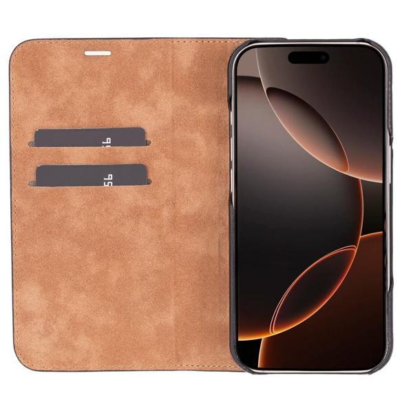 Apple iPhone 16 Pro uyumlu, Hakiki Deri, El Yapımı, Cüzdanlı Kılıf, Parlak Siyah - Image 1