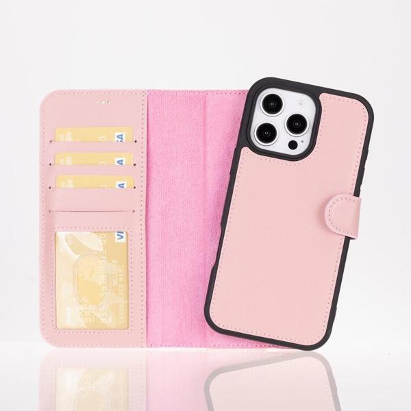Apple iPhone 16 Pro uyumlu, Hakiki Deri, El Yapımı, Cüzdanlı Kılıf, Toz Pembe - Image 1