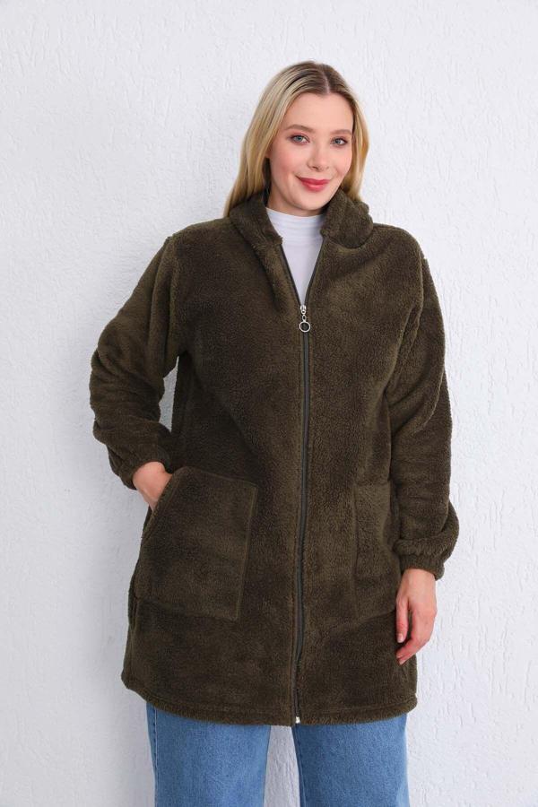 Kardelen Butik Ümraniye Polar Uzun Haki Yeşil Peluş Hırka - Image 1