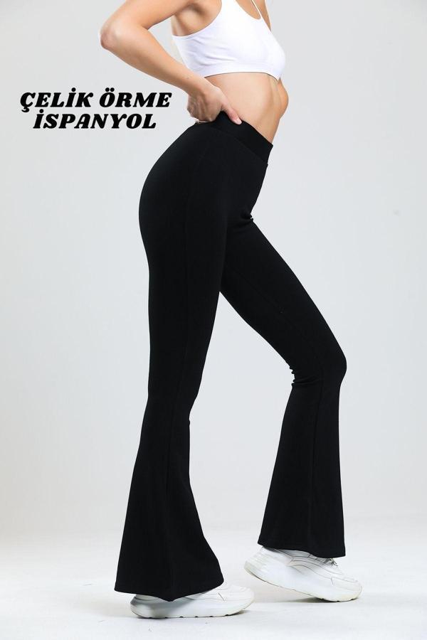 Dream Vogue Kadın Siyah Ispanyol Paça Çelik Örme Pantolon Yüksek Bel Lastikli Likralı Toparlayıcı Tayt - Image 1