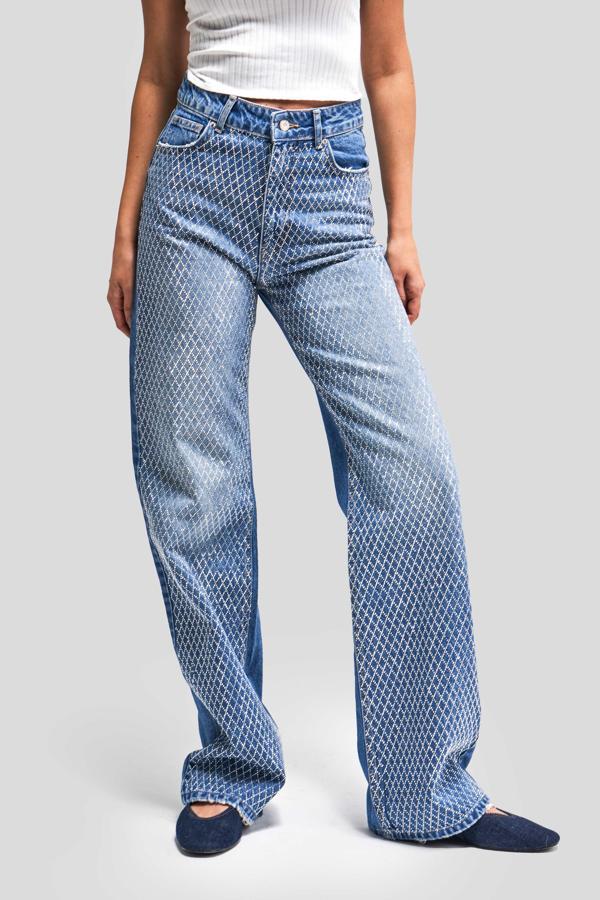 Kadın Mavi Renk T3-2S5-4 Parlak Taşlı Straight Fit Yüksek Bel %100 Koton Tasarım Denim Jean - Image 1