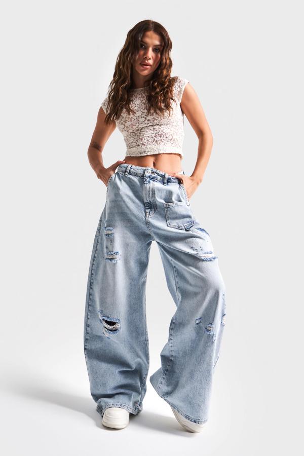 Kadın Kot Rengi 12S5-3 Mega Baggy Fit Süper Bol %100 Koton Orta Bel Denim Jean - Image 1