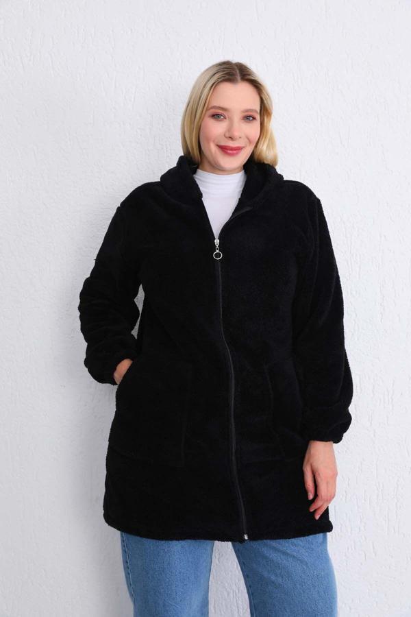 Kardelen Butik Ümraniye Siyah Polar Uzun Peluş Hırka - Image 1