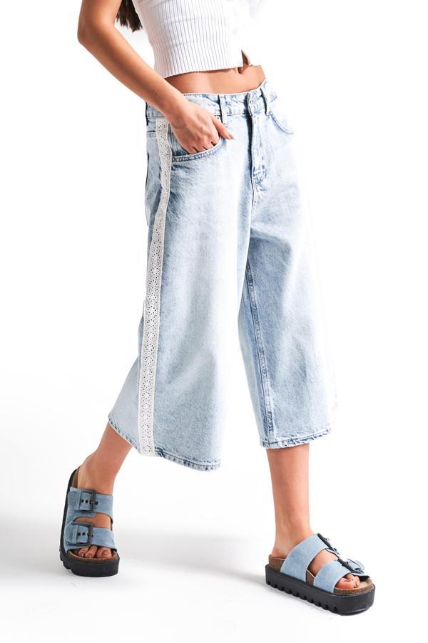 Kadın Ice Kot Rengi D-4S5-3 Süper Baggy Fit Dantel Şeritli Maxi Boy Denim Şort - Image 1