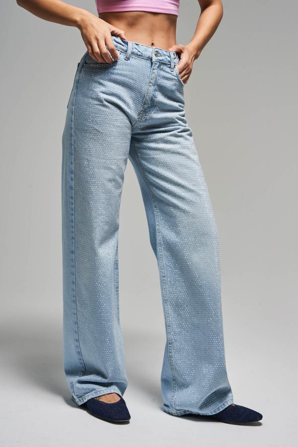 Kadın Ice Rengi T-2S5-100 Straight Fit İç Boy 83cm Yüksek Bel İnci Parlak Taşlı Tasarım Denim - Image 1