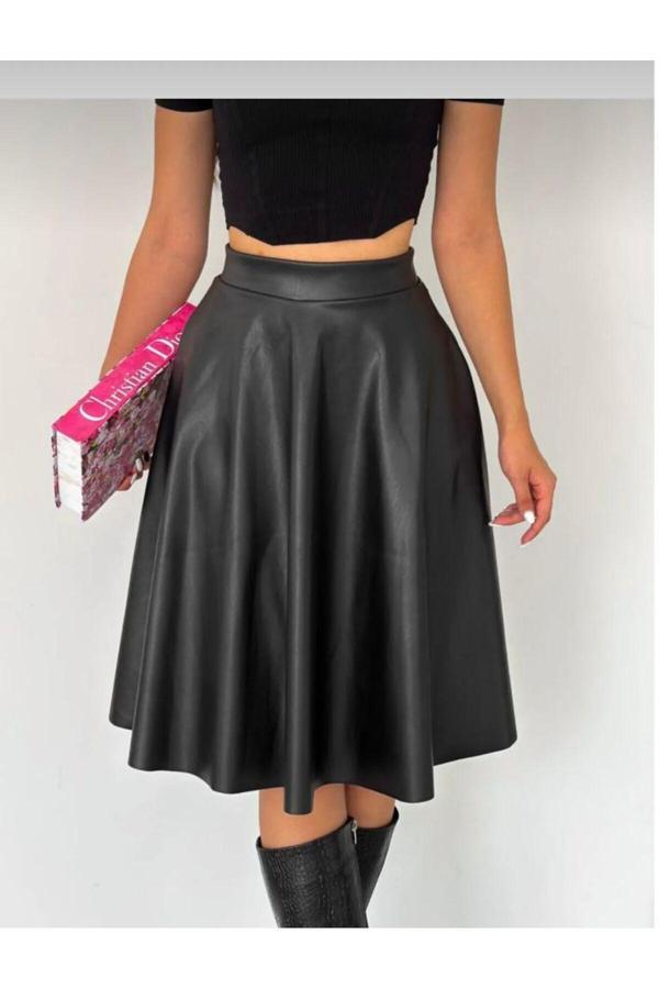 Moda Ugs Suni Deri Midi Boy Kloş Etek Siyah Lüx Kalite - Image 1