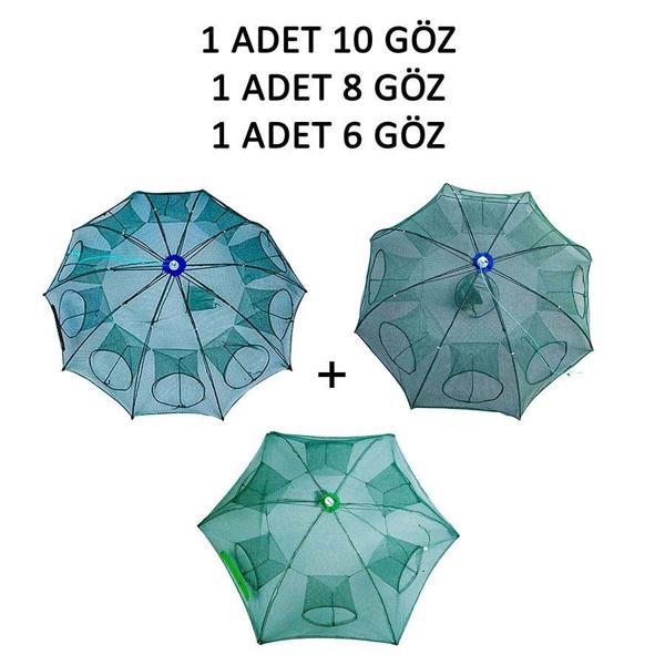 Şemsiye Balık Tuzağı 3 Lü Set 1 Adet 10 Göz + 1 Adet 8 Göz + 1 Adet 6 Göz - Image 1
