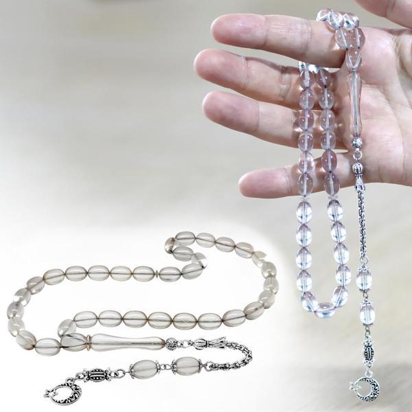 Kararmaz Metal Arnavut Zincir Püsküllü Sülün İmame Beyzi Kesim Şeffaf Beyaz Katalin Tesbih - Image 1