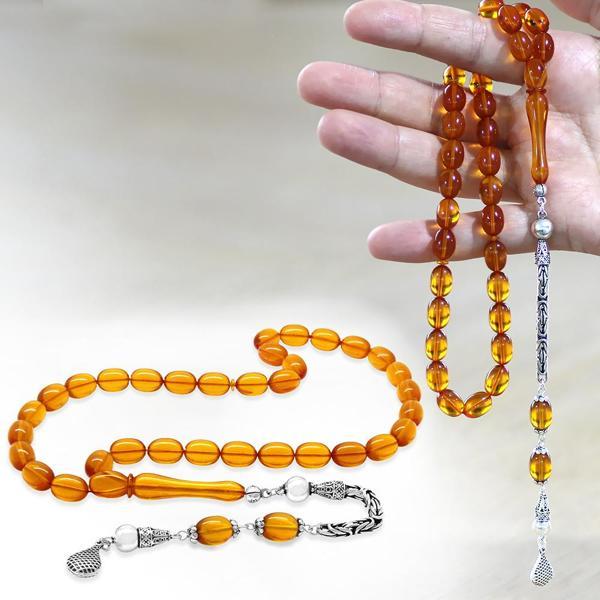 925 Ayar Gümüş Kral Zincir Püsküllü Sülün İmame Beyzi Kesim Turuncu Katalin Tesbih - Image 1