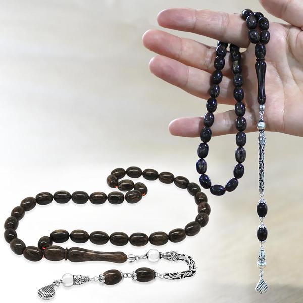 925 Ayar Gümüş Kral Zincir Püsküllü Sülün İmame Beyzi Kesim Gri - Siyah Katalin Tesbih - Image 1