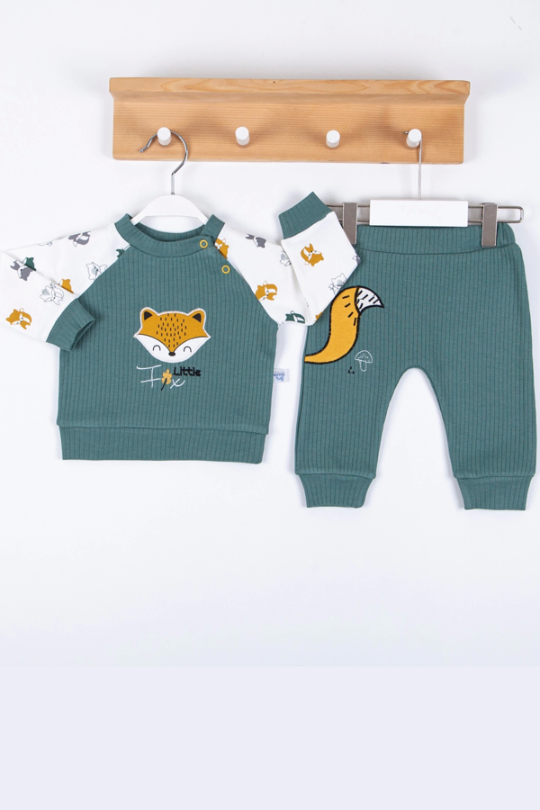 3-12 Ay Erkek Bebek Takımı Littie Fox Nakışlı 2'li Yeşil - Image 1