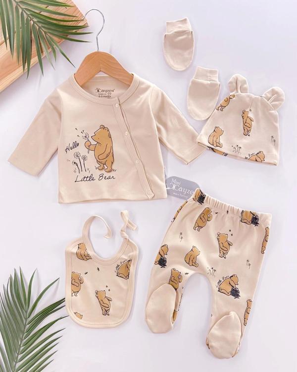 Hello Little Bear Baskılı 5 Parça %100 Pamuk Erkek Bebek Hastane Çıkışı - Image 1