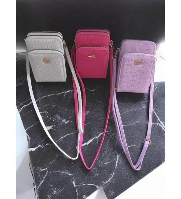 Kadın Suni Deri Baskılı Çapraz Askılı Telefon Bölmeli Cüzdan Çanta - Lila-pembe-beyaz - Image 1