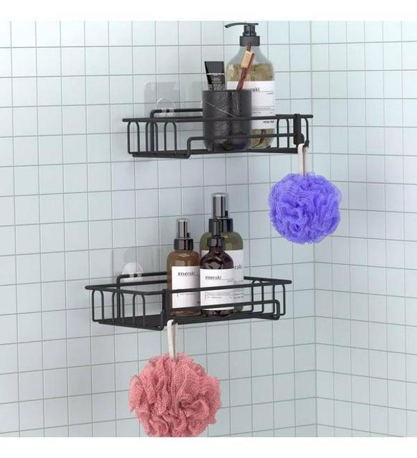 Banyo Düzenleyici Yapışkanlı Metal Banyo ve Dolap Rafı İkili Duş Rafı Organizer Şampuanlık Mat siyah-GNRL242 - Image 1