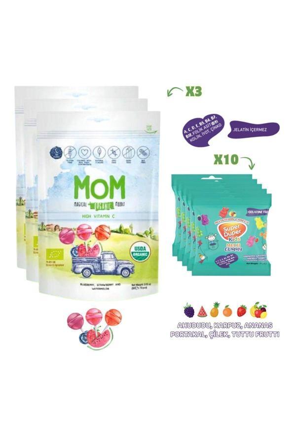 Mom Organik Lolipop (Çilek, Karpuz Yaban Mersini) 58gr & Super Duper Multivitamin ve Mineralli Jelibon (Kids Gummy) 10 adet x 20 gr - Image 1