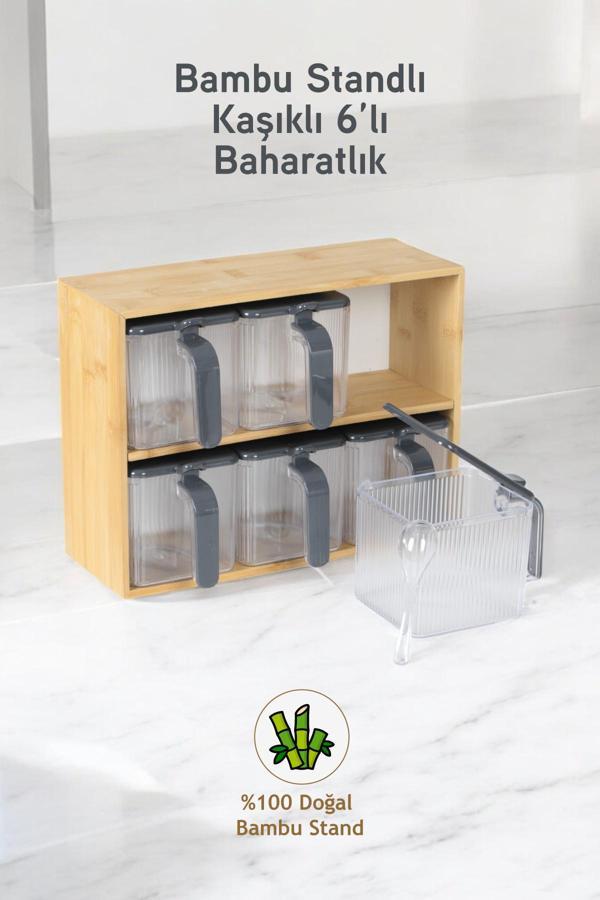 İronika 6 lı Bambu Standlı Kaşıklı Kapaklı Baharatlık Baharat Saklama Kutusu Seti  - Image 1