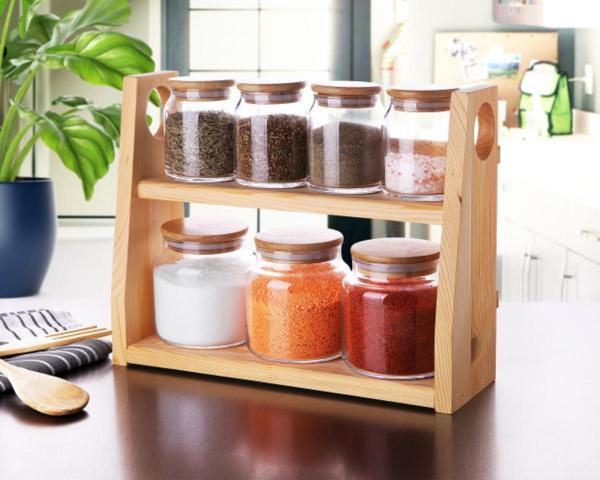 Ahşap Standlı Bambu Kapaklı 7'li Cam Baharat Takımı - Image 1