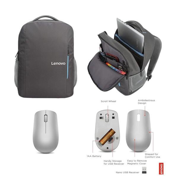 Lenovo B515 Gri Çanta, Lenovo 530 Wireless Metalik Gri Mouse Pro Set - Image 1