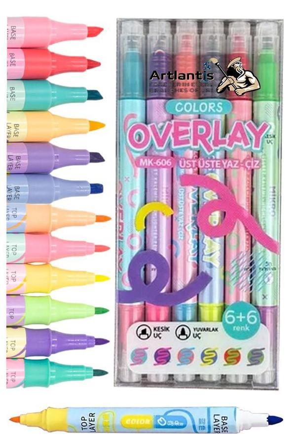 Overlay Fosforlu Kalem 6+6 Renk 1 Paket 12 Renk İnce ve Kesik Uçlu Fosforlu İşaretleme Kalemi Keçe Uçlu Kalem - Image 1